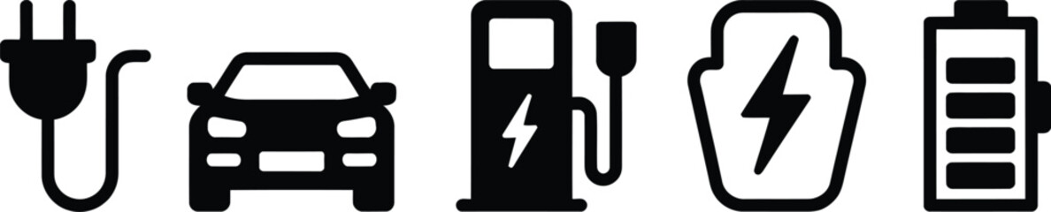 Electric vehicle charging and renewable energy power icons with electric charging lightning transport technology automobile sustainable recharge transportation infrastructure mobility © MstAsmaAkter
