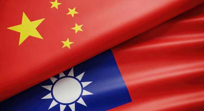 Flags of china and taiwan waving together in the wind symbolizing international relations