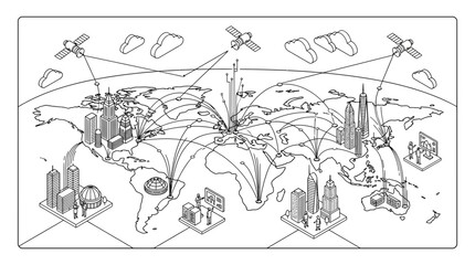 Global Communication Network: World Map Connected by Satellites and Cities © Maryati