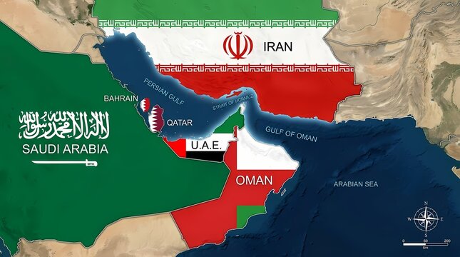 Middle east political map featuring persian gulf and strait of hormuz geopolitical context, politics