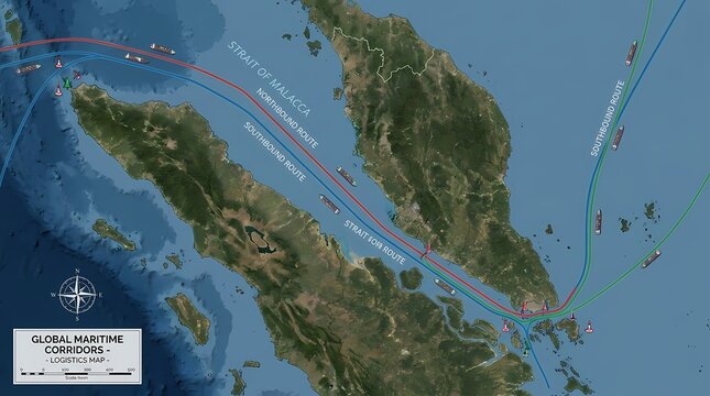 Satellite view map of strait of malacca maritime shipping routes and navigation channels