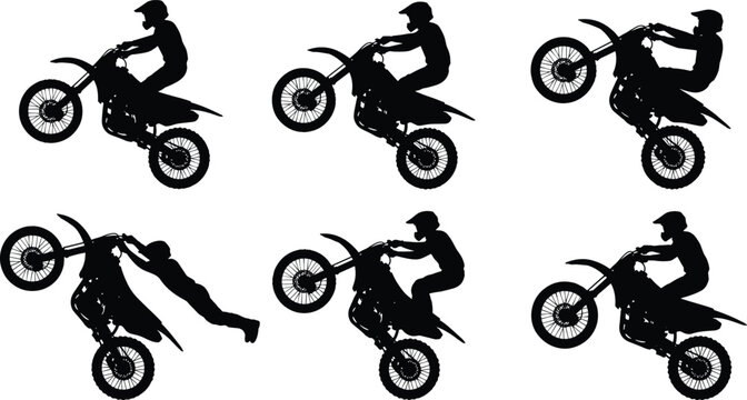 Motocross vector illustration featuring riders performing jumps, wheelies, and freestyle stunts in dynamic black silhouette style for sports design