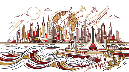 Futuristic City Skyline with Globe, Waves, and Satellites - Modern Urban Landscape © Maryati