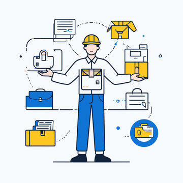 Logistics courier worker managing packages and shipping documents illustration.
