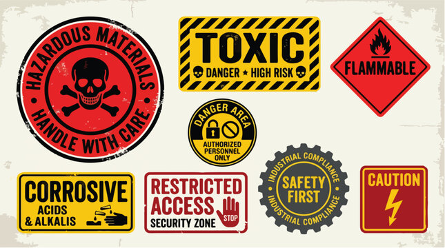 Vintage industrial warning signs set, 8 hazardous materials labels with distressed texture, toxic and flammable safety icons for warehouse security