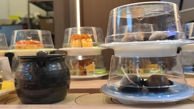 Dynamic footage of assorted sushi plates traveling on a rotating conveyor belt in a Japanese restaurant. Colorful dishes featuring nigiri, maki rolls, and sashimi glide past diners.