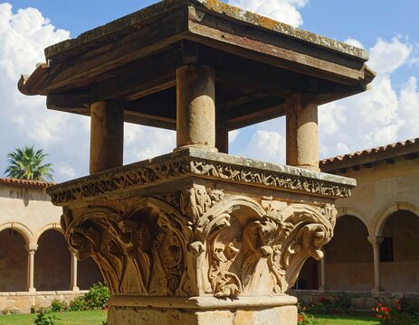 Stone pedestal with detailed carvings and ornate embellishments. The architectural element sits in a courtyard, a sunny day