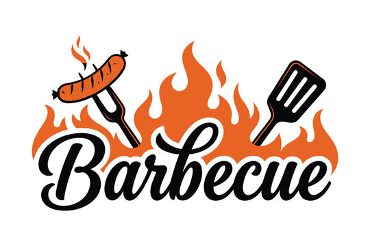 Barbecue grill and sausage illustration with flames vector graphic