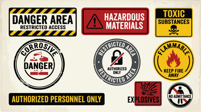 Vintage industrial warning signs set, 9 hazardous material and danger area labels, weathered safety stickers for construction and laboratory use