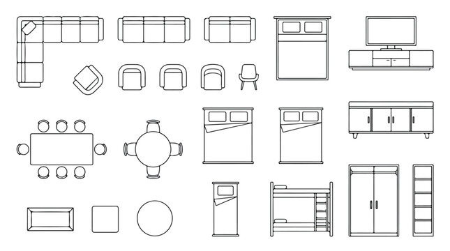 Modern furniture floor plan icons, architectural top view interior design symbols, minimalist home layout vector set for apartment planning