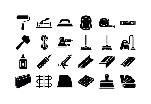 Surface Install Symbols. Solid glyph icon set of flooring materials and surface features: floor roller, tile cutter, grout float, knee pad, measuring tape, spirit level, mallet, suction cup lifter,