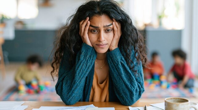 Stressed mother at kitchen table with bills and children playing in background for article banner about parenting stress and household finances