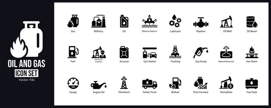 Oil and Gas Industry Solid Glyph Icons Set Vector Collection for Energy and Petroleum Business