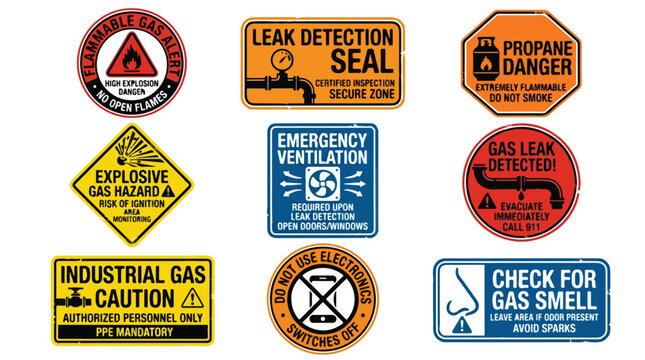 Industrial gas safety signs and warning labels, set of 9 hazard icons for leak detection and propane danger, flammable gas caution stickers