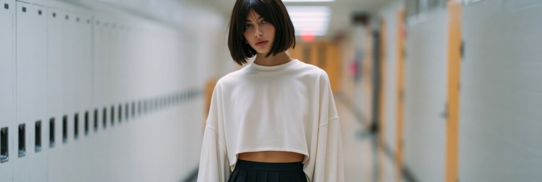 Fashion portrait of a young woman in a cropped white sweater standing in a school corridor for editorial background and modern lookbook design