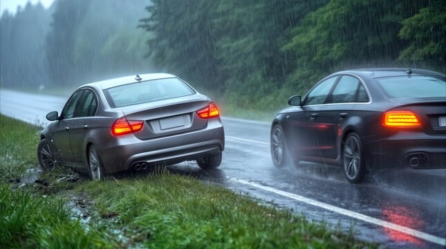 Vehicles involved in traffic accident on wet highway during heavy rain. Silver sedan crashed into roadside ditch while dark car stops on asphalt.