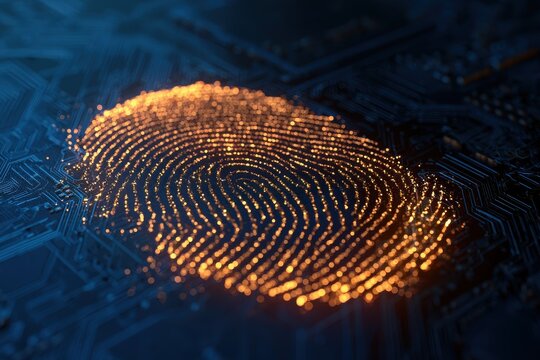 Luminous biometric identification fingerprint on a blue electronic circuit in a sharp macro focus shot for forensic science and cyber security branding