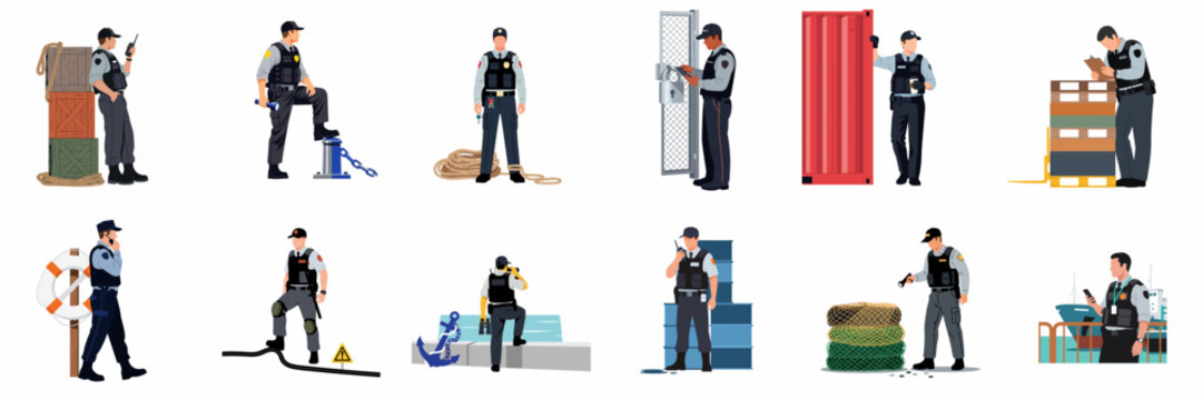 Flat vector illustrations of port security guards and maritime safety officers performing various duties like patrolling, cargo inspection, and monitoring on white background