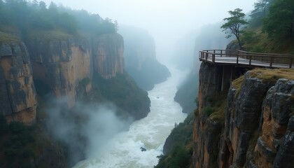 Fototapeta premium Misty canyon view with river rapids below. Wooden viewing platform on cliff edge offers expansive scenic overlook. Rugged cliffs, green vegetation, and swirling fog create dramatic natural landscape.