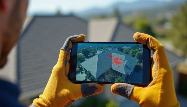 Worker in gloves uses smartphone to inspect roof damage. Aerial view on screen shows red marks indicating problem areas on house top. Technology helps identify repairs needed.