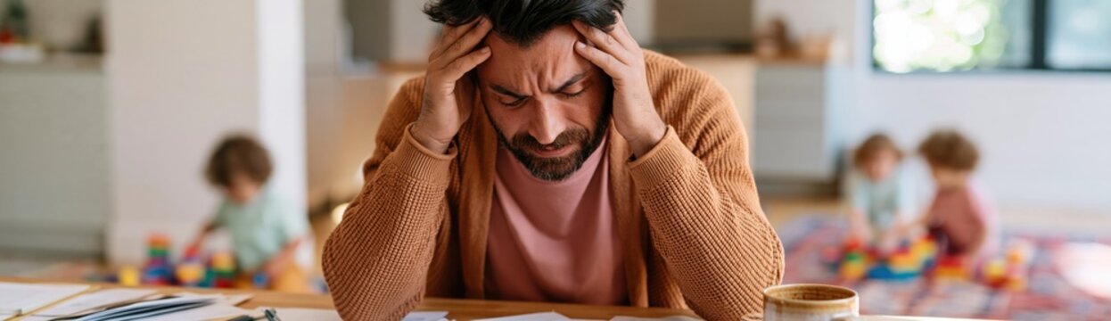 Stressed man at kitchen table with children and toys in background for parental stress and work life balance background