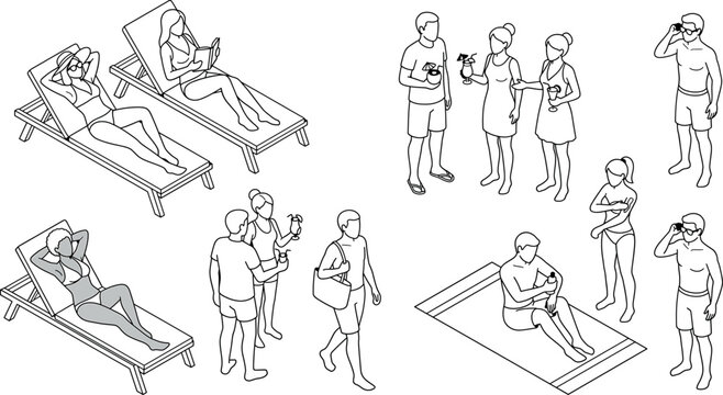 Isometric people relaxing at the beach, sunbathing on lounge chairs, drinking cocktails, and applying sunscreen, vector illustration transparent background