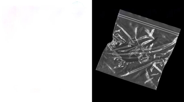Transparent plastic zipper bag on black background, empty polyethylene zip lock pouch, wrinkled synthetic material texture for packaging mockup