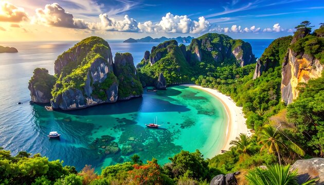 Stunning aerial view of a hidden tropical bay. Crystal clear water, sandy beach, rocky cliffs, green vegetation, boats, and distant islands under a golden sunrise