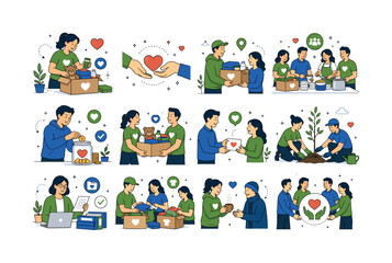 Fototapeta premium Charity Altruism Giving. Donation, kindness, volunteering, caring, generosity, helping, humanity, nonprofit support, and community aid. 12 minimalist editorial vector scenes: a volunteer places items