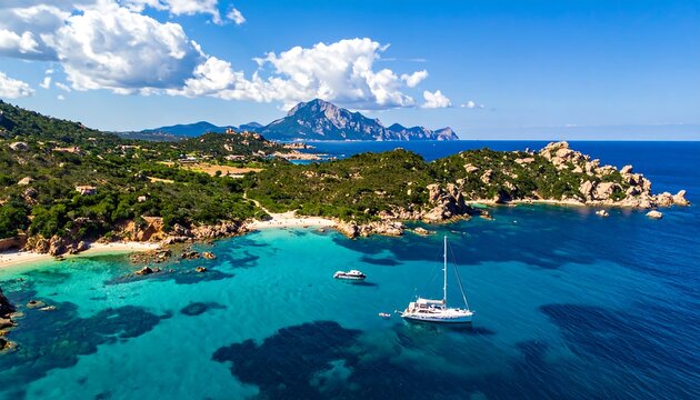 Stunning aerial view of a vibrant coastal landscape. Turquoise water embraces a sandy beach, boats, and lush green hills, with rocky cliffs and a mountain backdrop