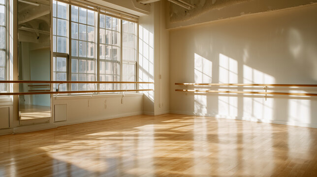 Sunlit empty ballet studio with wooden barres and tall mirror, polished floor reflecting window shadows