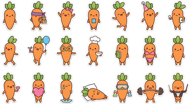 Cute carrot character sticker set featuring funny vegetable mascots in various lifestyle activities emotions and healthy fitness poses flat vector illustration