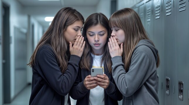 Teenage girls gossiping and whispering while looking at smartphone in school hallway. Social media interaction and peer pressure among students.
