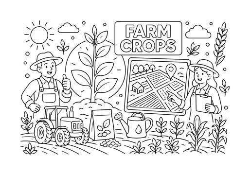 Agriculture Crops Farm. Clean outline line art banner with one wide farming scene, two farmers beside oversized crop plant and giant field map, small details tractor, seed packet, watering can, wheat,