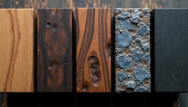Five textured blocks light wood, dark wood, patterned wood, stone aggregate, and matte black. Samples show material contrast and grain detail.