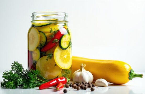 Yellow squash and zucchini pickles in glass jar with dill, chili peppers, lemon slices and garlic. Home canning preparation with garden vegetables for preservation. Healthy food.