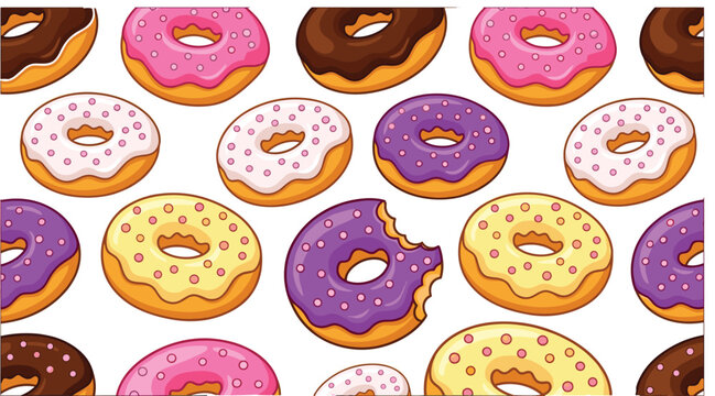 Seamless vector pattern of colorful glazed donuts with sprinkles including pink chocolate purple and yellow doughnuts with a single bite taken