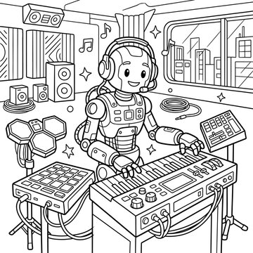 Robot DJ playing music in recording studio coloring page