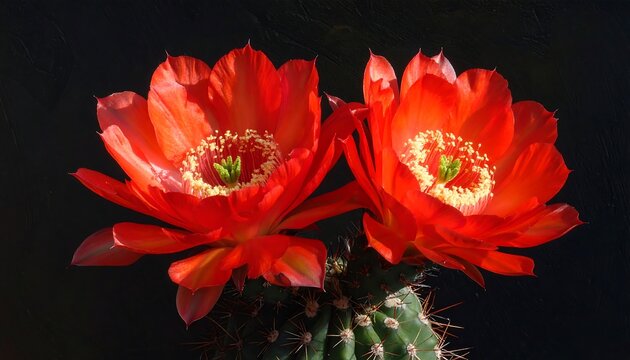 Stunning close-up of two vibrant red cactus blossoms with yellow centers, set against a dark, contrasting backdrop