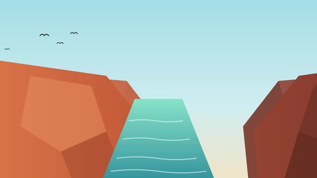 Minimalist vector illustration of a river flowing through a desert canyon with birds in the sky