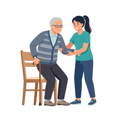 Obraz premium A Vector illustration of a young woman helping an elderly man sit down on a chair in a home environment with care and support.