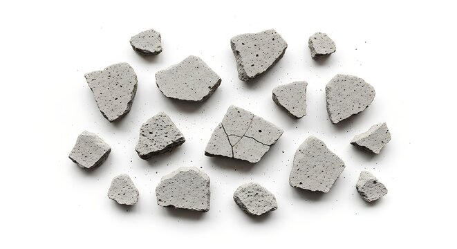 Broken concrete pieces on white background.