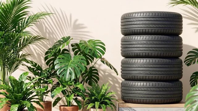 Stack of black car tires amid tropical green plants. Modern indoor display blending automotive elements with lush foliage. Sustainable mobility and nature harmony concept for eco advertising