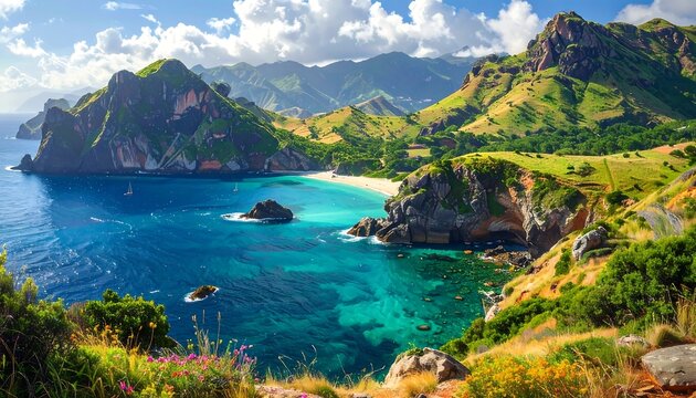 Stunning coastal view with turquoise water, a sandy beach nestled between rugged hills, and a backdrop of mountains