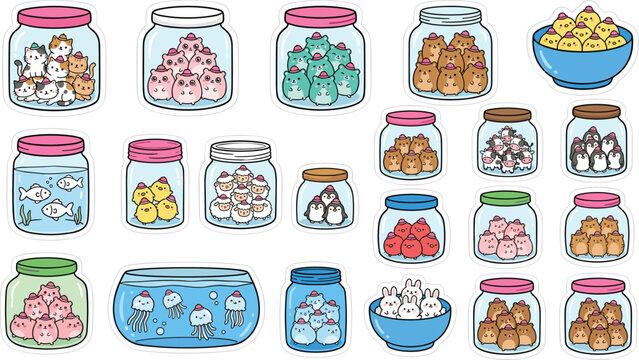 Cute kawaii sticker vector illustration set featuring glass candy jars filled with tiny adorable animals like hamsters, penguins, kittens, and ducks isolated on white background.
