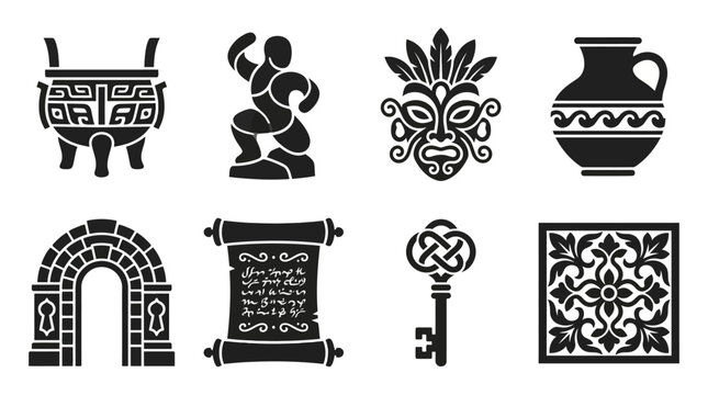 Vector illustrations of ancient cultural symbols and artifacts on display
