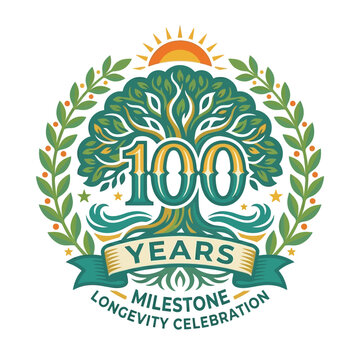 Vector illustration of a tree with 100 years milestone longevity celebration logo surrounded by leaves and sun