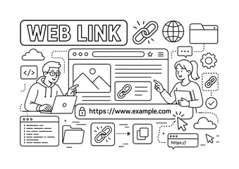 Fototapeta premium Internet URL Link. Clean outline line art banner with one wide webpage link scene, two developers beside oversized URL bar and giant webpage board, small details link chain, cursor, globe, browser