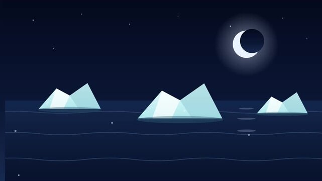 Minimalist vector illustration of icebergs floating in the dark ocean at night under a crescent moon and stars