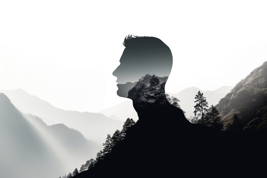Artistic double exposure of man silhouette combined with forest landscape. Earth Day. Symbol of nature preservation, environmental consciousness, future generations. White background.